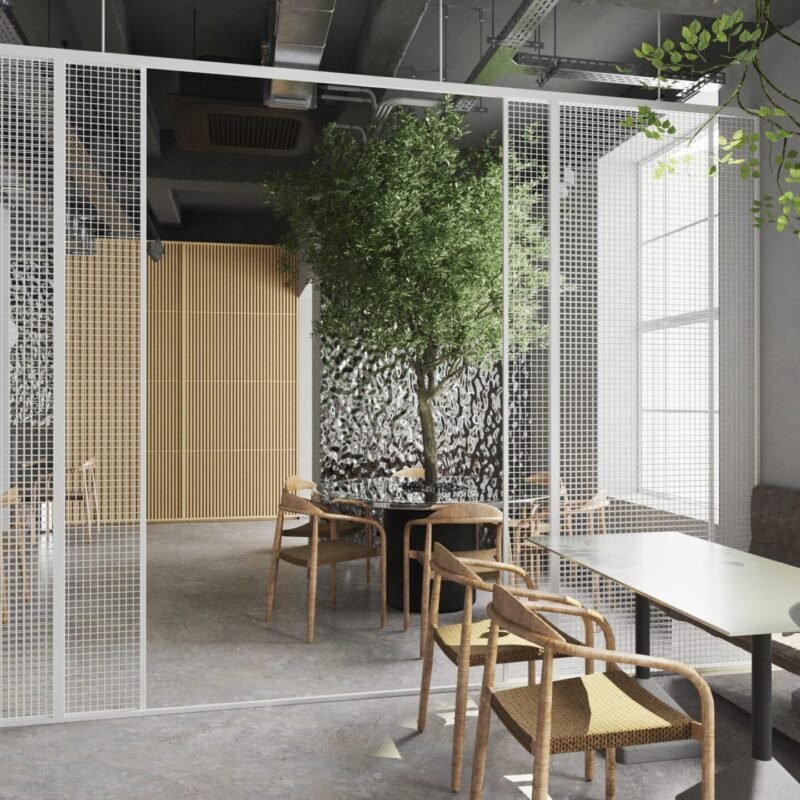 Iluminat cald și plante decorative integrate într-un restaurant cu design Scandinav din București.