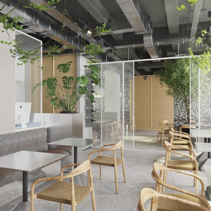 Pardoseli din microciment și mobilier minimalist, parte din designul unui restaurant din Centrul Vechi al Bucureștiului.