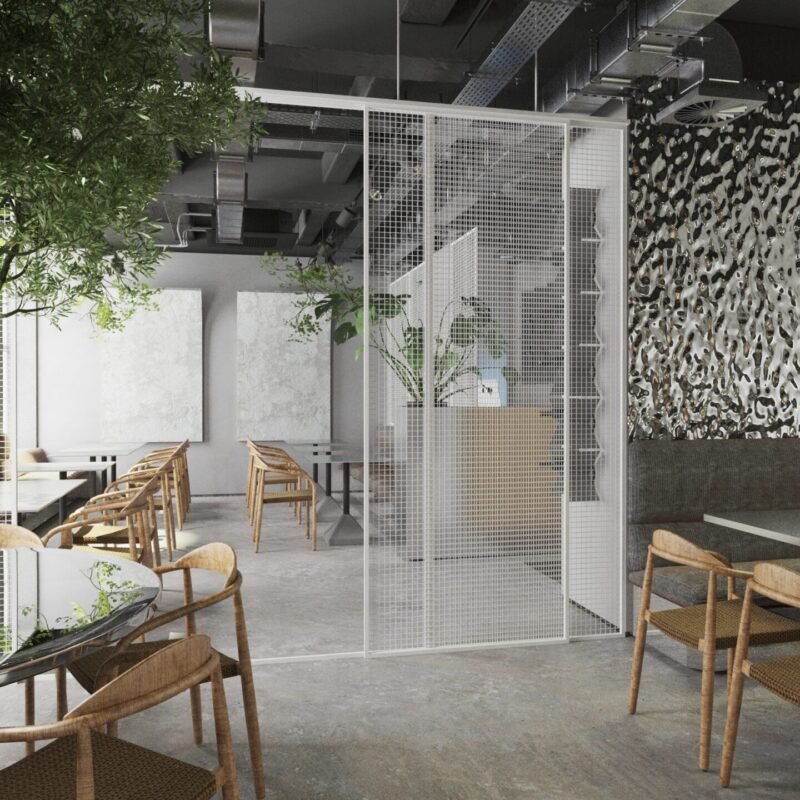 Pardoseli din microciment și mobilier minimalist, parte din designul unui restaurant din Centrul Vechi al Bucureștiului.