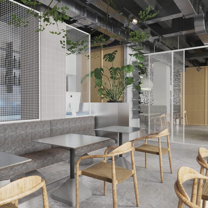 Pardoseli din microciment și mobilier minimalist, parte din designul unui restaurant din Centrul Vechi al Bucureștiului.