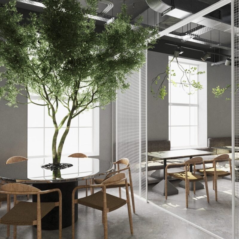 Iluminat cald și plante decorative integrate într-un restaurant cu design Scandinav din București.